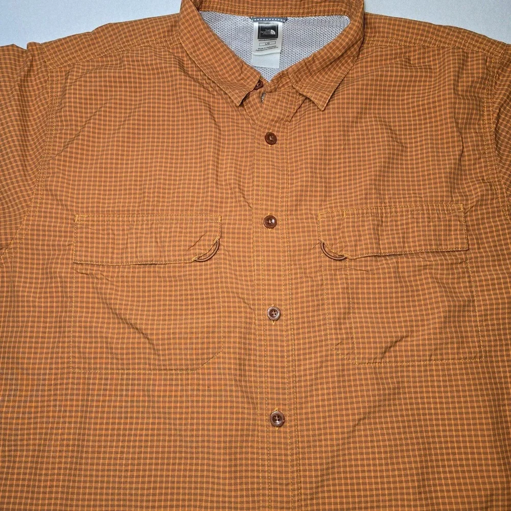 The North Face Hiking Camp Shirt Men's L Orange Plaid Button Up‎ Outdoor EUC